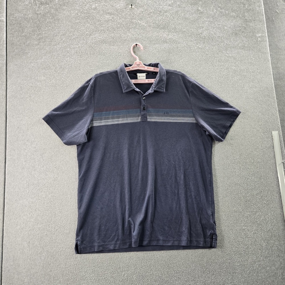 Travismathew Men Polo XXL Gray Striped Casual Button Short Sleeve Logo